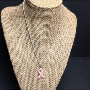 BCA Pink Ribbon Pendant Necklace 16 In Enamel Rhinestone Silver Chain Classic